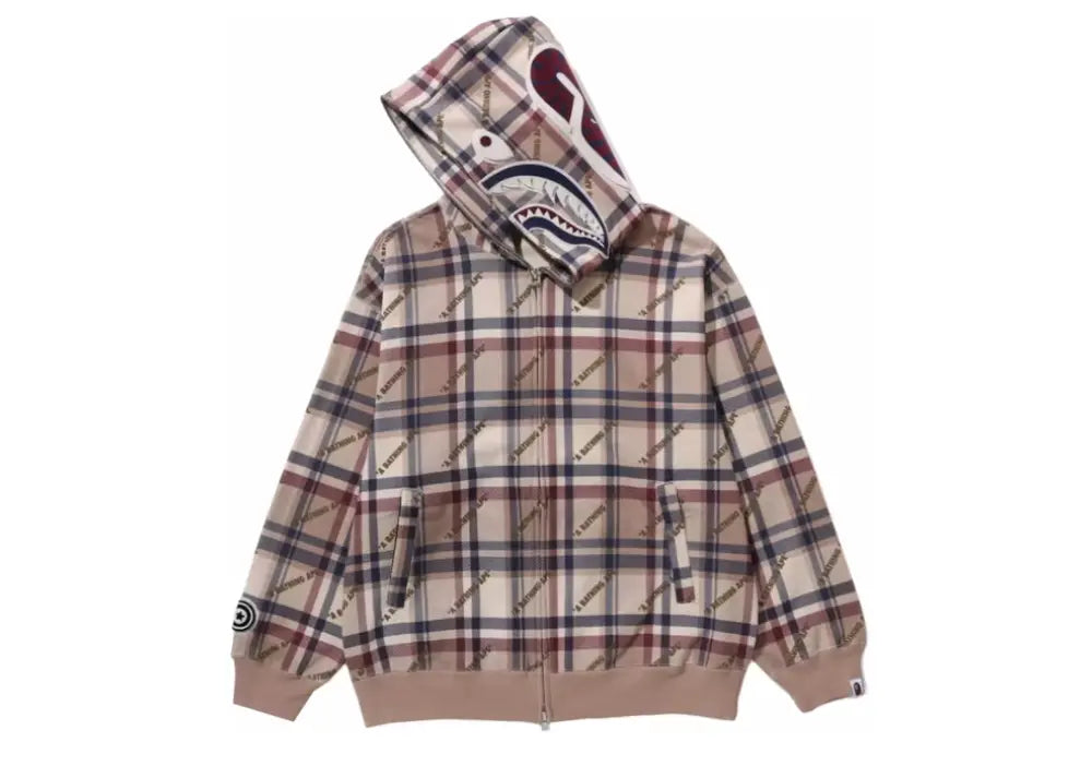 Bape Logo Check Pattern Shark Full Zip Hoodie Beige Bape