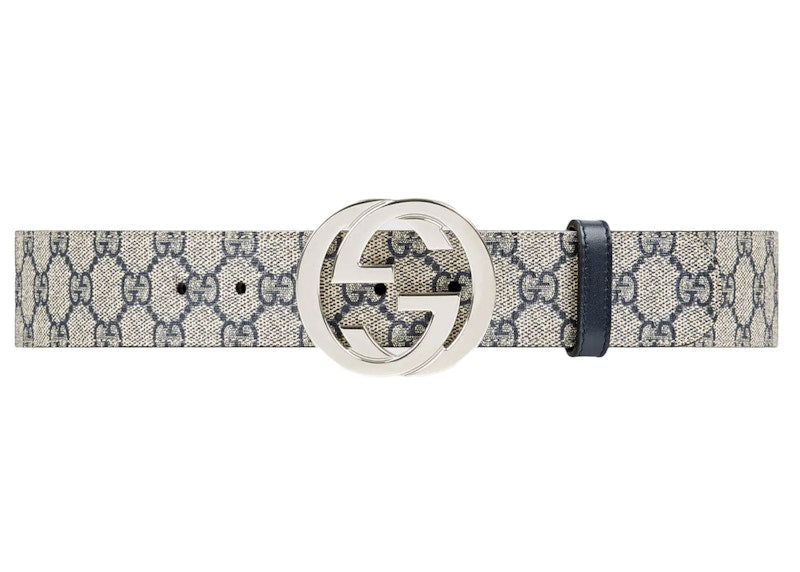Gucci Interlocking G Palladium Buckle Belt GG Supreme 1.5"W Beige/Blue - VOSneakers