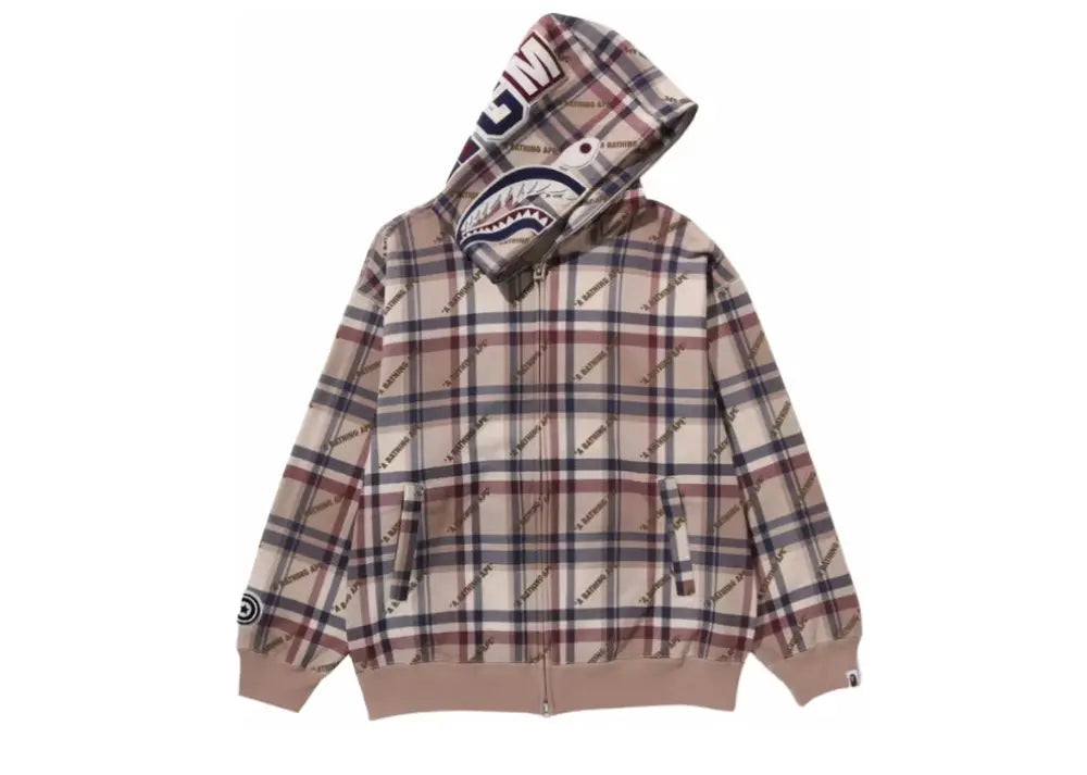 Bape Logo Check Pattern Shark Full Zip Hoodie Beige Bape