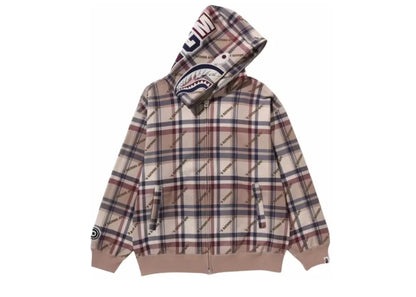 Bape Logo Check Pattern Shark Full Zip Hoodie Beige Bape